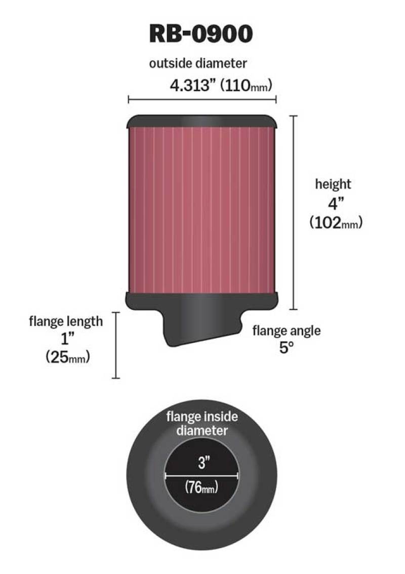 K&N Universal Rubber Filter 3 inch 5 Degree FLG 4 1/2 inch OD 4 inch Height K&N Engineering Air Filters - Universal Fit